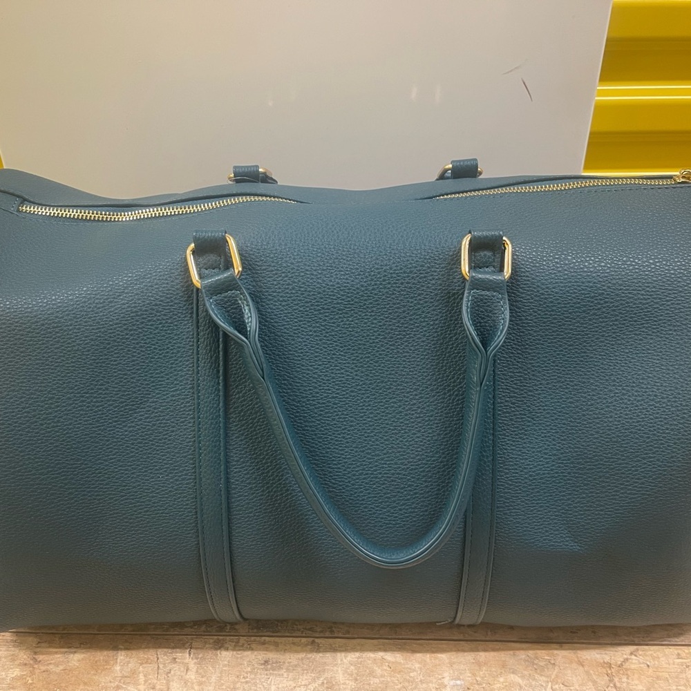 Teal Leather Duffel Bag with Gold Accents